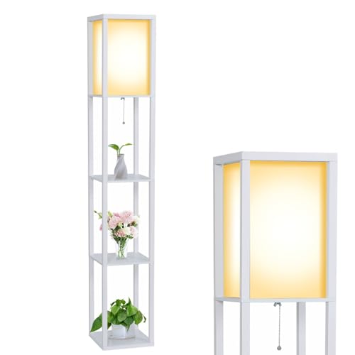 YU YUSING Lampadaire sur Pied Salon avec 3 Étagères 160cm, Lampadaire Chambre en Bois MDF, Éclairage Intérieur, Lampe sur Pied de Lecture Bureau Douille...