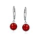 Simple Plain Gemstone Dyed Red Natural Coral Ball Round Drop Dangle Earrings For Women Teen .925 Sterling Silver