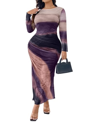 Milumia Women's Plus Size Tie Dye Ruched Bodycon Maxi Dress Long Sleeve Mesh Dresses