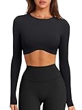 LASLULU Black Double Lined Long Sleeve Crop Tops for Women Crew Neck Workout Gym Shirts Slim Fit Pilates Athletic Casual Sexy Tops(Black Large)