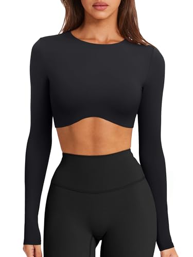 LASLULU Womens Sexy Double Lined Long Sleeve Shirts Crewneck Workout Tops Athletic Yoga Shirts Going Out Crop Tops