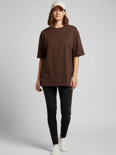 Image of LEOTUDE Women's cotton Oversized Fit Oversized Half Sleeve Tshirt, Round Neck Longline Drop Shoulder Solid T-Shirt