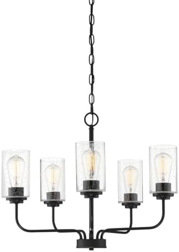 DESIGNERS FOUNTAIN 5-Lights Logan Chandelier, 24.5 Inch Modern Ceiling Fixture for Kitchen, Dining Room, Bedroom, Foyer, and Living Room, Steel and Glass, Matte Black, 96485-MB