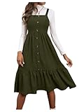 WDIRARA Women's Button Front Sleeveless Ruffle Hem Pinafore Overall Midi Cami Dress Army Green Large