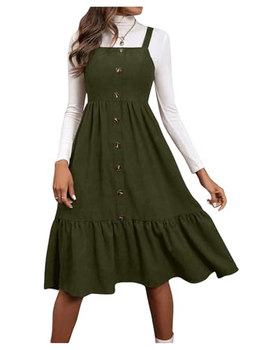 Image of WDIRARA Women's Button Front Sleeveless Ruffle Hem Pinafore Dress Corduroy Jumper Dress