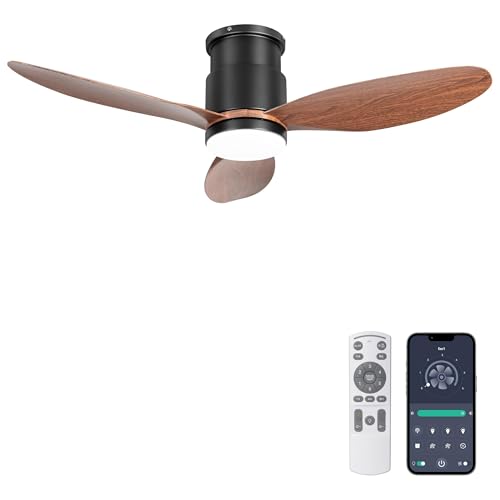 Ohniyou 42 Low Profile Ceiling Fans with Lights Remote/App Control Dimmable Quiet Indoor/Outdoor Ceiling Fan for Covered Patio Bedroom Kitchen Walnut Color