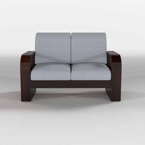 Image of Solid Sheesham Wooden 2 Seater Sofa Set with Grey Cushion for Living Room Furniture - Walnut Finish