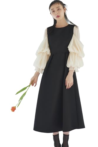 [ルイ ルエ ブティック] ボリューム ブラウジングスリーブ フレア ワンピース ドレス レディース ミセス ママ フォーマル ロング 長袖 透け袖 ボリューム袖 シンプル 大きいサイズ 式典 結婚式 二次会 パーティ パーティー LL(13号) ブラック×ベージュU1487-LL-BLZ