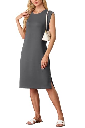 GRECERELLE Womens Summer Casual Round Neck Split Beach Midi Dress with Pockets (Small, Dark Gray)