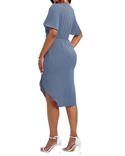 Image of Women's Wrap V Neck Asymmetrical Hem Midi Ruched Cocktail Evening Dress | Back Zipper, Regular Fit, Club Night, Semi Office Formal, Wedding Dinner Date, Flutter Short Sleeve