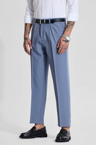 Image of SNITCH Men Formal Trousers | Regular Fit Pleated Front with Turned-Up Hem | Polyester Blend & Medium Stretch Fabric for Office & Winter Wear