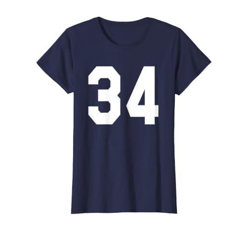 Number 34 Sports Jersey Front and Back Team Player T-Shirt, Women, Navy Blue, Large