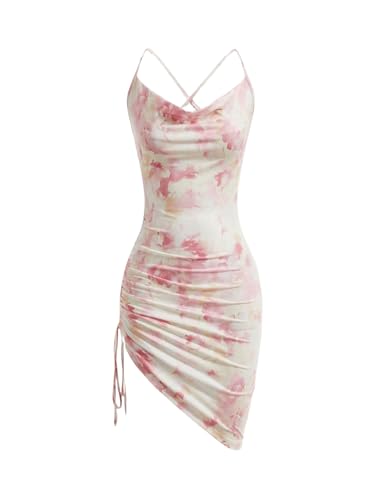 Image of SOLY HUX Women's Tie Dye Cami Dress Ruched Drawstring Cowl Neck Spaghetti Strap Bodycon Mini Dresses Multicoloured Floral Large