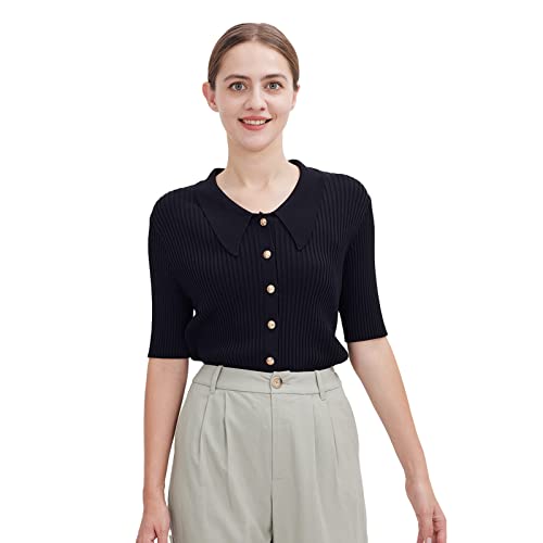 Image of ASSUAL Women Short Sleeve Polo Sweater Lightweight Casual Button Down Cardigan Knit Top