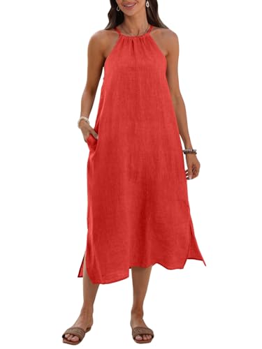 Image of Women's 100% Linen Summer Midi Dress Casual Sleeveless Baggy Dresses with Slit