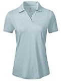 BGOWATU Women's Short Sleeve Golf Tennis Polo Shirts V Neck Collared Workout Tops UV Protection Dry Fit for Summer Gray Blue M