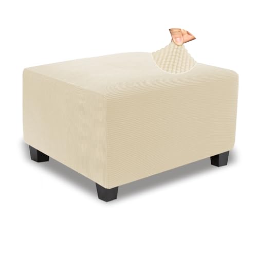 Image of NeColorLife Stretch Ottoman Cover Square Oversized Soft Knitted Jacquard Thick Covers for Large Square Ottoman Storage Stool Furniture Protector Beige X-Large