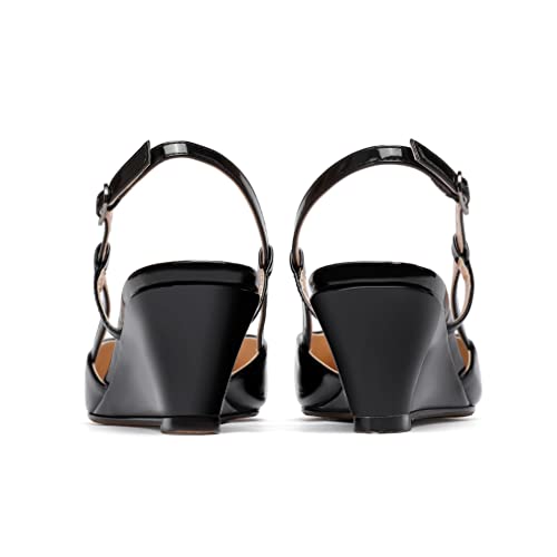 WAYDERNS Women's Patent Square Toe Slingback Solid Buckle Strap Wedge Low Heel Pumps Shoes 2 Inch2