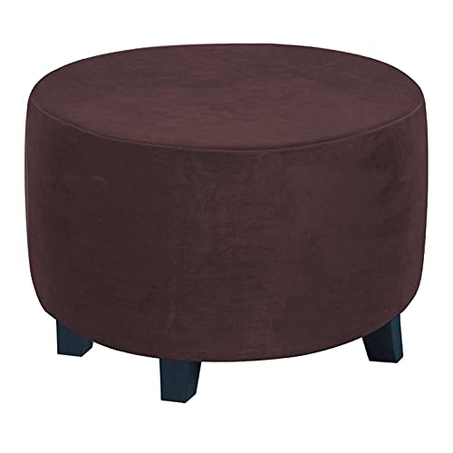Stretch Ottoman Cover, Round Velvet Ottoman Slipcover Elastic Footstool Protector Folding Storage Stool Furniture Protector Machine Washable for Kids Pets-Coffee-Small