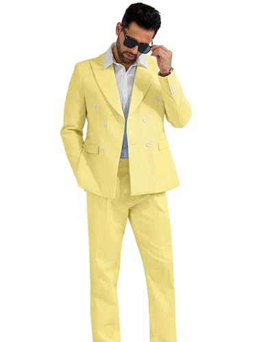 High-End Suits Men's Seersucker Suits 2 Piece Casual Summer Beach Wedding Prom Suit Yellow Prom Striped Blazer Pants Set L4