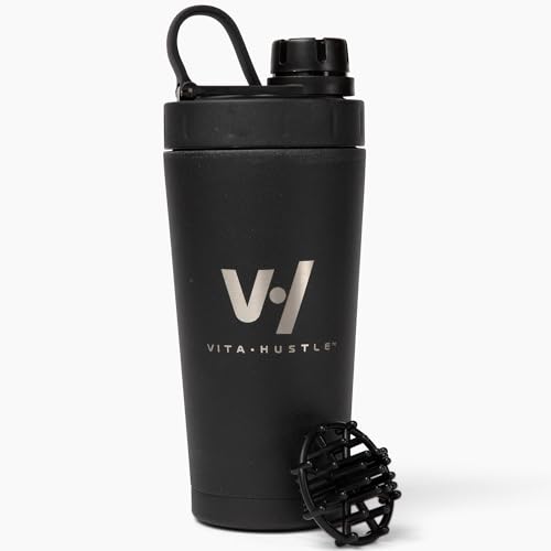 VitaHustle Vaso mezclador de acero inoxidable con tapa giratoria, a prueba de fugas, bola mezcladora, perfecta para batidos de proteínas o después del entrenamiento, se adapta a portavasos de coche,