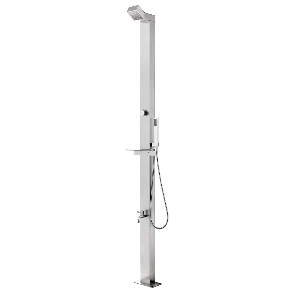 Ducha de jardín con base marrón de acero inoxidable de 225 cm de altura, placa de suelo WPC para piscina y piscina, ducha exterior con ducha de cabeza, ducha de mano y grifo de lavado de pies