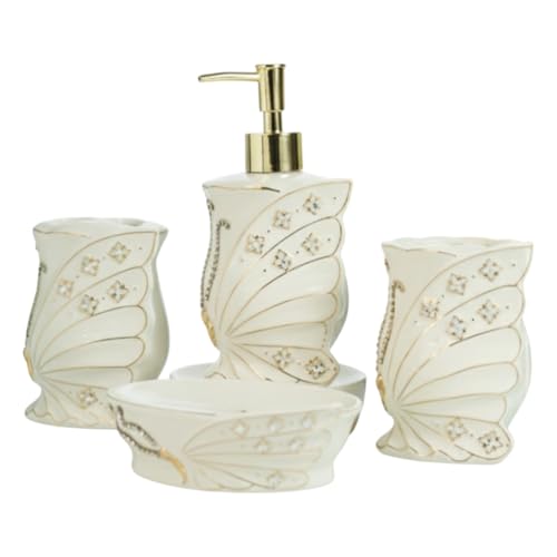 Image of Kookee Ceramic Bathroom Accessories Set of 4 - Soap Dispenser, Toothbrush Holder & Soap Dish | Modern Bath Set, Luxury Home Gift, White (12248)