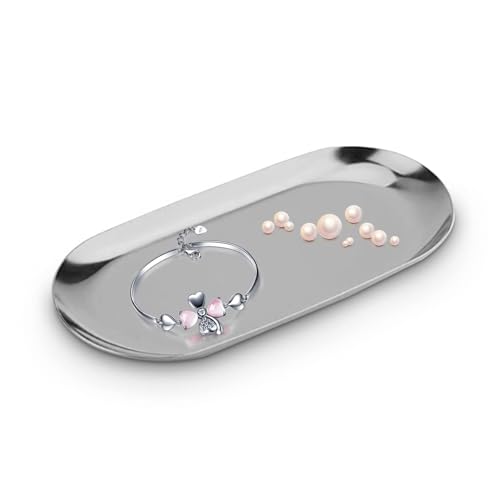 Bandejas Metal Decorativas, Vaciabolsillos Recibidor Acero Inoxidable Bandeja Cosméticos Organizador de Joyas para Dejar Llaves Decoracion Hogar, 9.4 X 23cm (L-Plata)