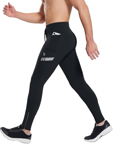 baleaf Men's Leggings Running Tights Thermal Cycling Pants Fleece Lined Compression Pockets Zipper Cold Weather Black L