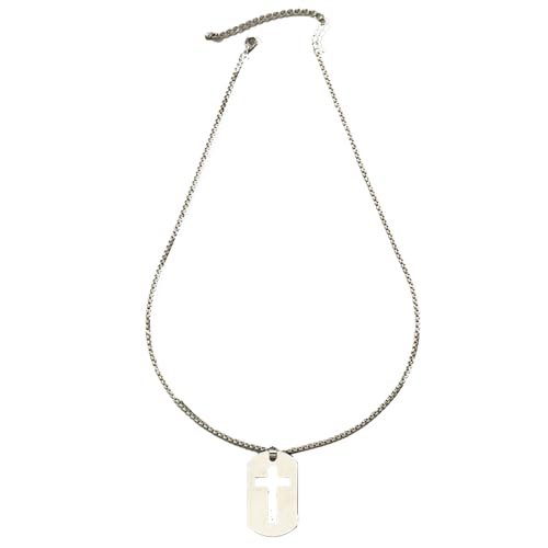 NLMSKI Cross Cutout Dog Tag Rectangular Pendant Necklace For Men Minimalist Modern Statement Adjustable Box Chain Silver Color Military Style (Silver)