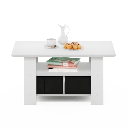 Image of Furinno Andrey Small Modern Coffee Table with Storage Shelf, White | 2x Black Bin Drawers, Soft-Corner, Rectangular Side Table for Living Room, Bedroom, Home Office