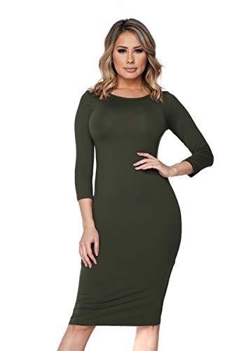 Image of ICONOFLASH Women's 3 /4 Sleeves Midi Bodycon Dress Crew Neck Fitted Dresses with Plus Size Options