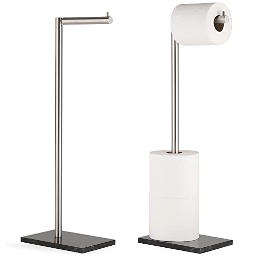 MARMOLUX ACC Free Standing Brushed Nickel Toilet Paper Holder Stand - 4 Jumbo Roll Bathroom Hardware - Standing Toilet Paper Holder - Stainless Steel Toilet Paper Stand - Brushed Steel/Black Marble