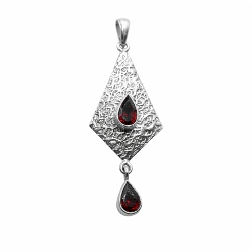 Natural Red Garnet 925 Sterling Silver Pendant Handmade Hammered Design Dangle Necklace Gift Jewelry For Her