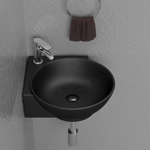 Image of REMOTION Wall Mounted Wash Basin for Bathroom | Wall Hung Corner Sink | Ceramic Round Wall Hung Wash Basin | Wall Hung Small Corner Basin (16.3 x 13.8 x 4.3 Inch) (Matte Black)