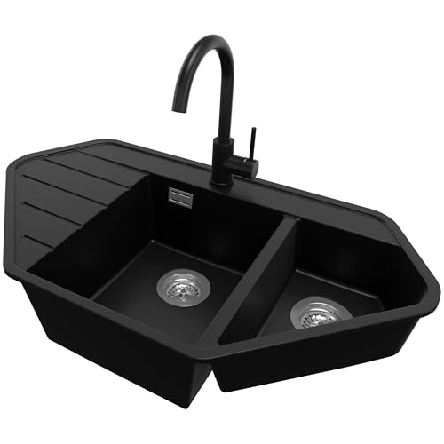 PRIMAGRAN Evier d'angle en Granit Noir 90x50cm, Lavabo Cuisine 1,5 bacs + Robinet 32x20cm + Kit de Vidage, Évier à Encastrer al mueble 70cm - Copenhague Corner