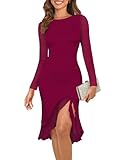 Zattcas Fall Dresses for Women 2025 Wedding Guest Mesh Long Sleeve Ruffle Ruched Slimming Tight Fit Bodycon Modest Easter Graduation Homecoming Midi Dresses Burgundy Red M