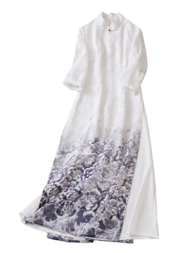 Image of Womens Chinese Stylish Graceful Stand Collar Loose Fit Long Hanfu Dress Elegant Side Slit Fashionable Cultural Skirt (Purple,X-Large)