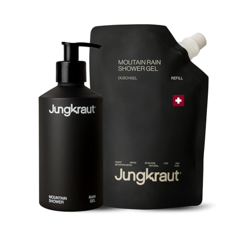 JUNGKRAUT Gel de ducha Mountain Rain Shower de 300 ml + relleno de 600 ml, gel de ducha natural para frescor diario de montaña, pH neutro, revitalizante, hidratante, suave, hecho suizo