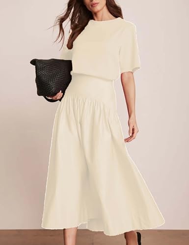 Bozanly Summer Two Piece Outfits Skirts Set for Women Crewneck Short Sleeve Tee and Midi Skirt Sets Dresses2
