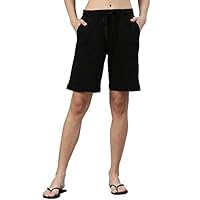 Enamor Essentials Women's Mid Rise Relaxed Fit 100% Cotton Knee Length Shorts Bermuda with Elasticated Waistband and Pockets - E080(E080-Jet Black-XXL)
