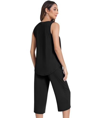 Image of NACHILA Pajamas for Women-Viscose Made from Bamboo, Sleeveless Pjs Top with Capri Pants Pajama Set Cool Pleated Sleepwear