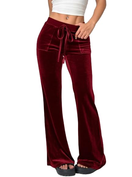 Womens Velvet Satin Mid Waist Wide Leg Flare Pants Drawstring Elastic Waist Side Pockets Casual Pants for Women