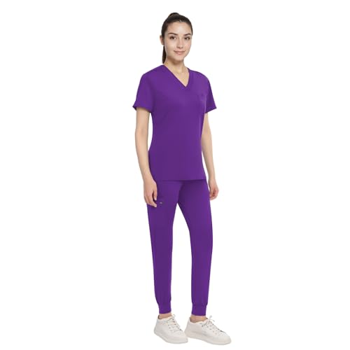 Anwrtuk Conjunto de uniforme médico de trabajo para mujer, cuello en V, elástico, camiseta y pantalones con bolsillos, ropa de trabajo de enfermería, multicolor, Morado (, XXL