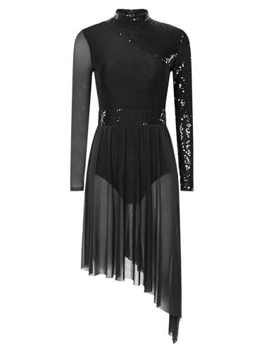 Mufeng Damen Ballettkleid Glänzend Pailletten Eiskunstlauf Kleid Langarm Rollschuhkleid mit Asymmetrisch Rock Lyrisch Tanzkleid Schwarz M