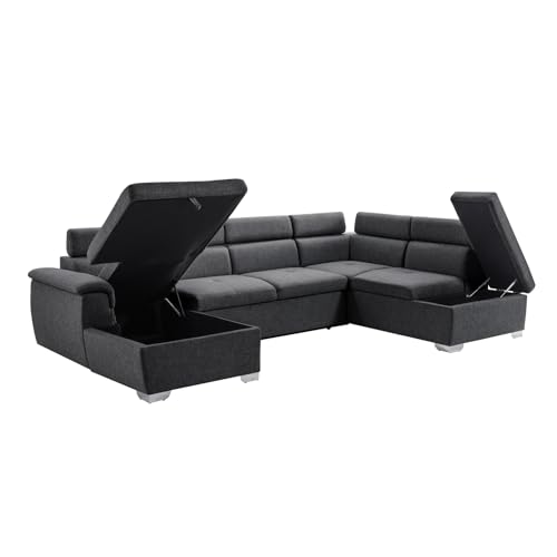 Canapé panoramique 6 pl. convertible coffre gris SAJUCO