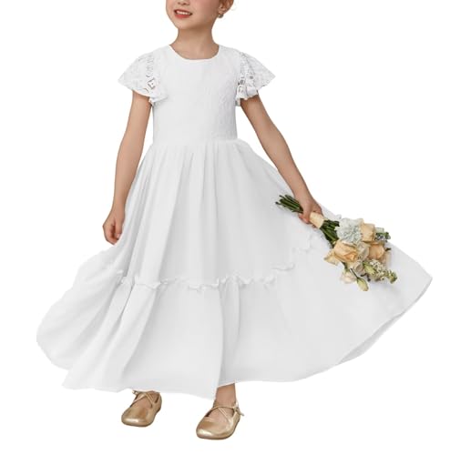 JISISANG Boho Flower Girl Ruffle Chiffon Dress Lace Embroidery First Communion Dress Ruched A-Line Long Wedding Party Dresses