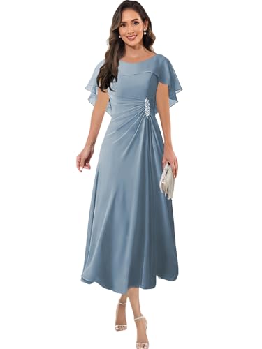 Bat Sleeves Mother of The Bride Dress for Women Chiffon Beaded Formal Evening Gown with Zipper4