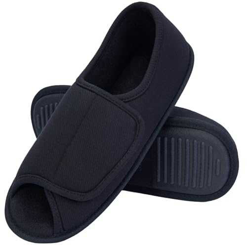 Magtoe Men’s Open-Toe Adjustable Memory Foam Slippers, Comfy and Breathable House Shoes for Indoor/Outdoor (Black US9-10)