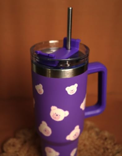 Image of 1200ML Stainless Steel Tumbler Hot and Cold with Handle and Lid and 2 Straws, Double Insulated Cup Leak Proof Mug Cupholder for Gym, Travelling (Dark Purple)